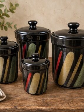 Sango Black Ceramic Canister Set with Red, Green, Yellow Accents